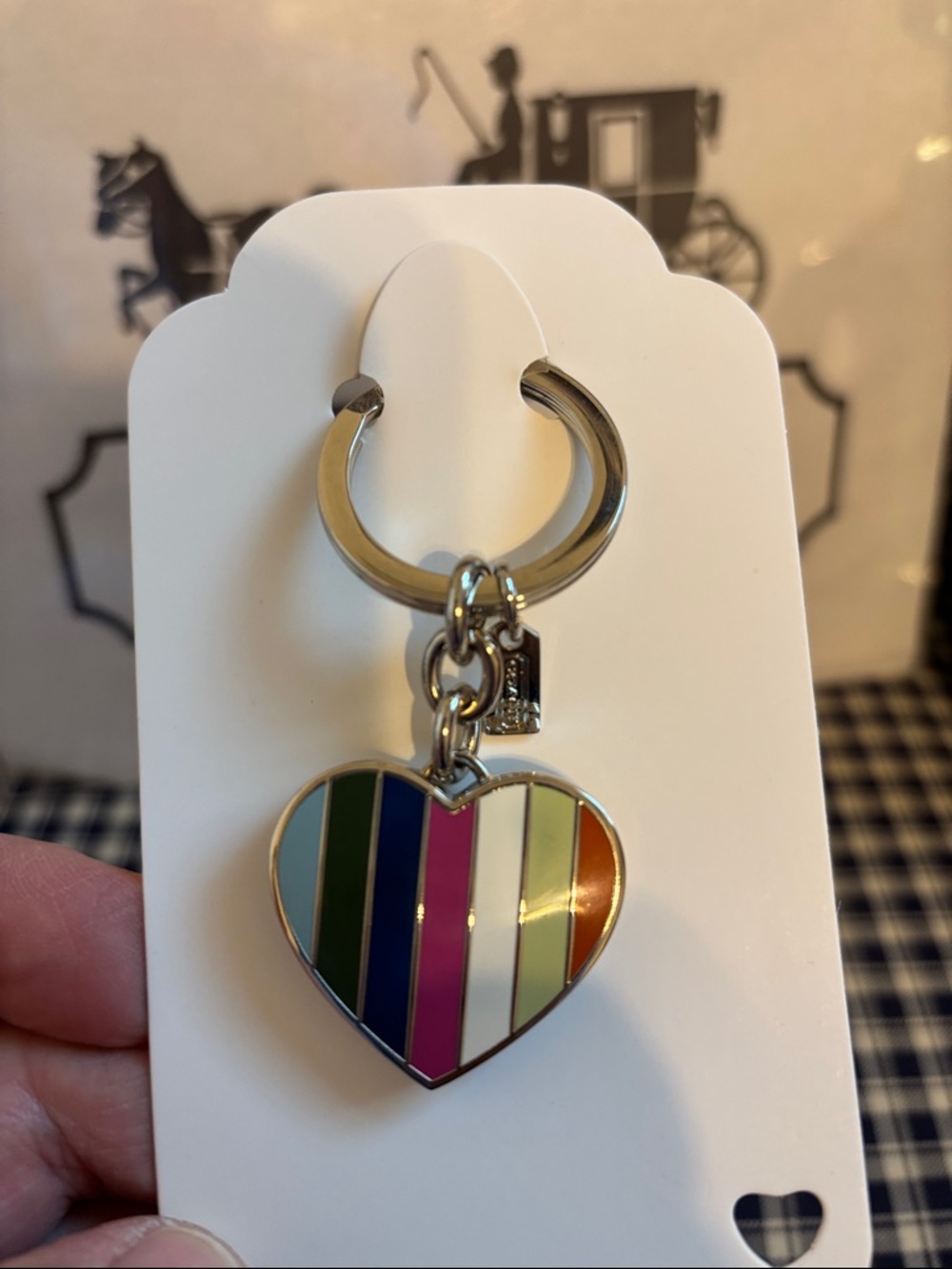 Coach legacy Striped Heart shaped locket Keyring - Picture 2 of 6